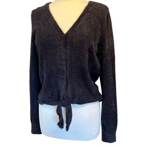 Olivia Sky Eyelash Sweater 3 Button + Tie Closure Deep V Black Long Sleeve M‍‍‍﻿